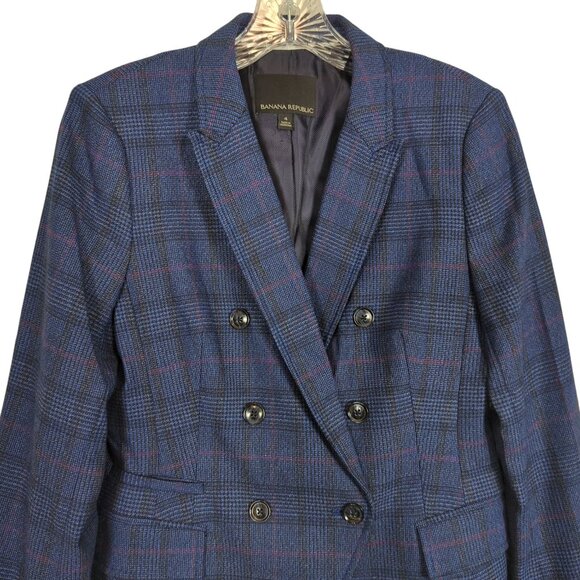 Banana Republic Women’s Plaid blue Blazer Sz 4 Double Breasted Glen Check Jacket - Picture 4 of 16